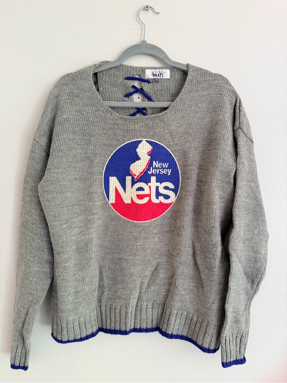 Touch by Alyssa Milano Grey Crewneck Sweater with Blue & Red Nets Logo